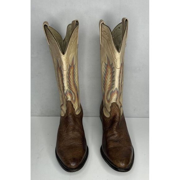 Vintage Rainbow Stitch Tony Lama Cowboy Boots Brown Leather USA 1617 L 9.5M - Picture 2 of 11